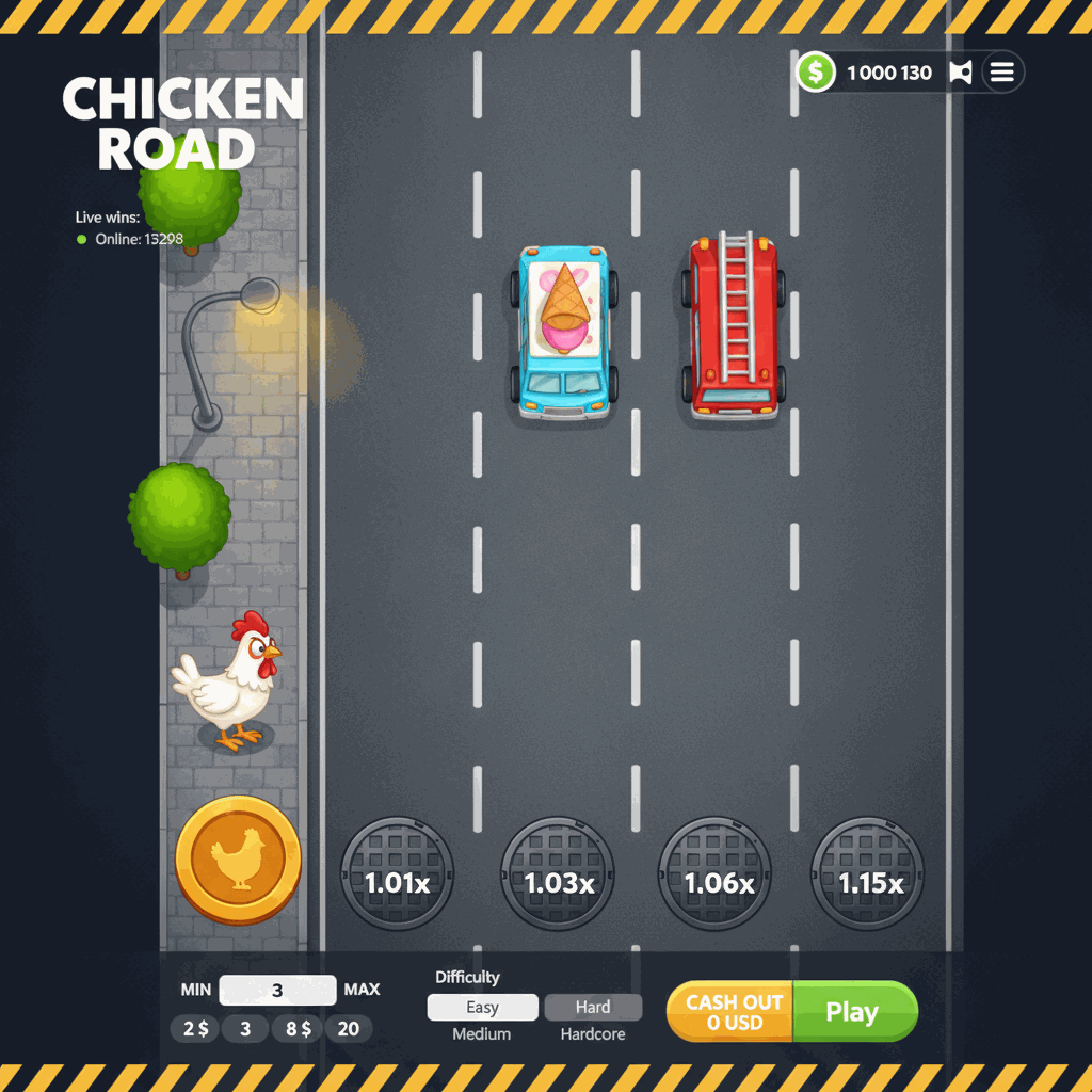 Schermata di gioco Chicken Road con gallina che attraversa strada a più corsie, moltiplicatori visibili su tombini, interfaccia InOut con pulsanti di puntata e incasso, ambiente urbano notturno con lampioni e alberi, grafica cartoon colorata